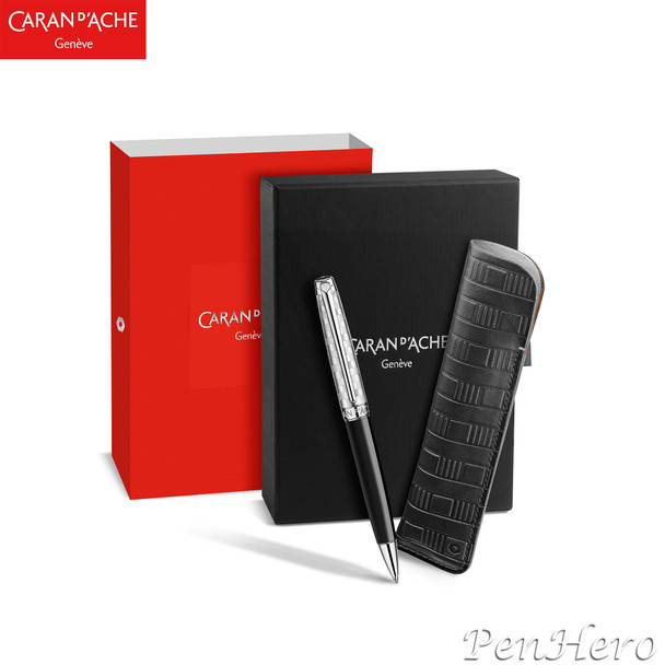 Caran d'Ache Leman Damier Ballpoint Pen and Leather Case