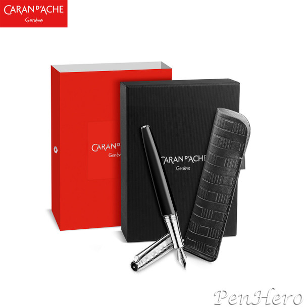 Caran d'Ache Leman Damier Fountain Pen Fine and Leather Case