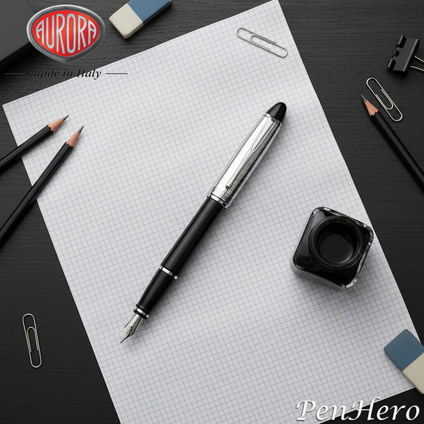 Aurora Ipsilon Quadra Sterling Silver Cap Black Resin Barrel Fountain Pen Medium Nib