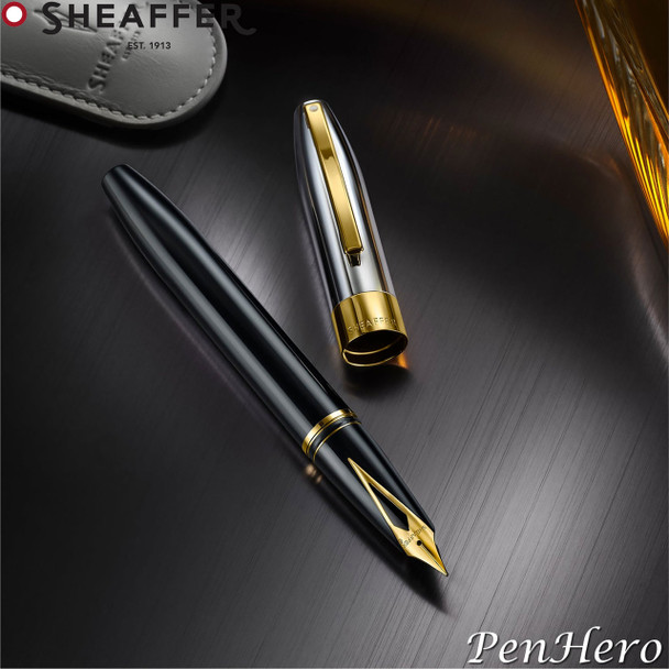 Sheaffer Legacy Glossy Black and Chrome Fountain Pen Fine with FREE Leather Pouch