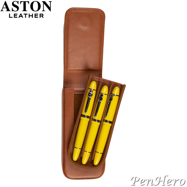 Aston Leather Pen Case with Three Slots Tan