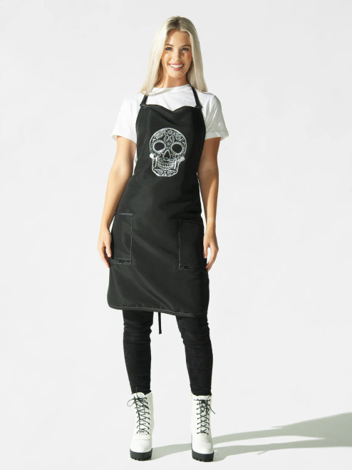 Betty Dain Sugar Skull Apron (BD-173BLK/SIL-UPD)