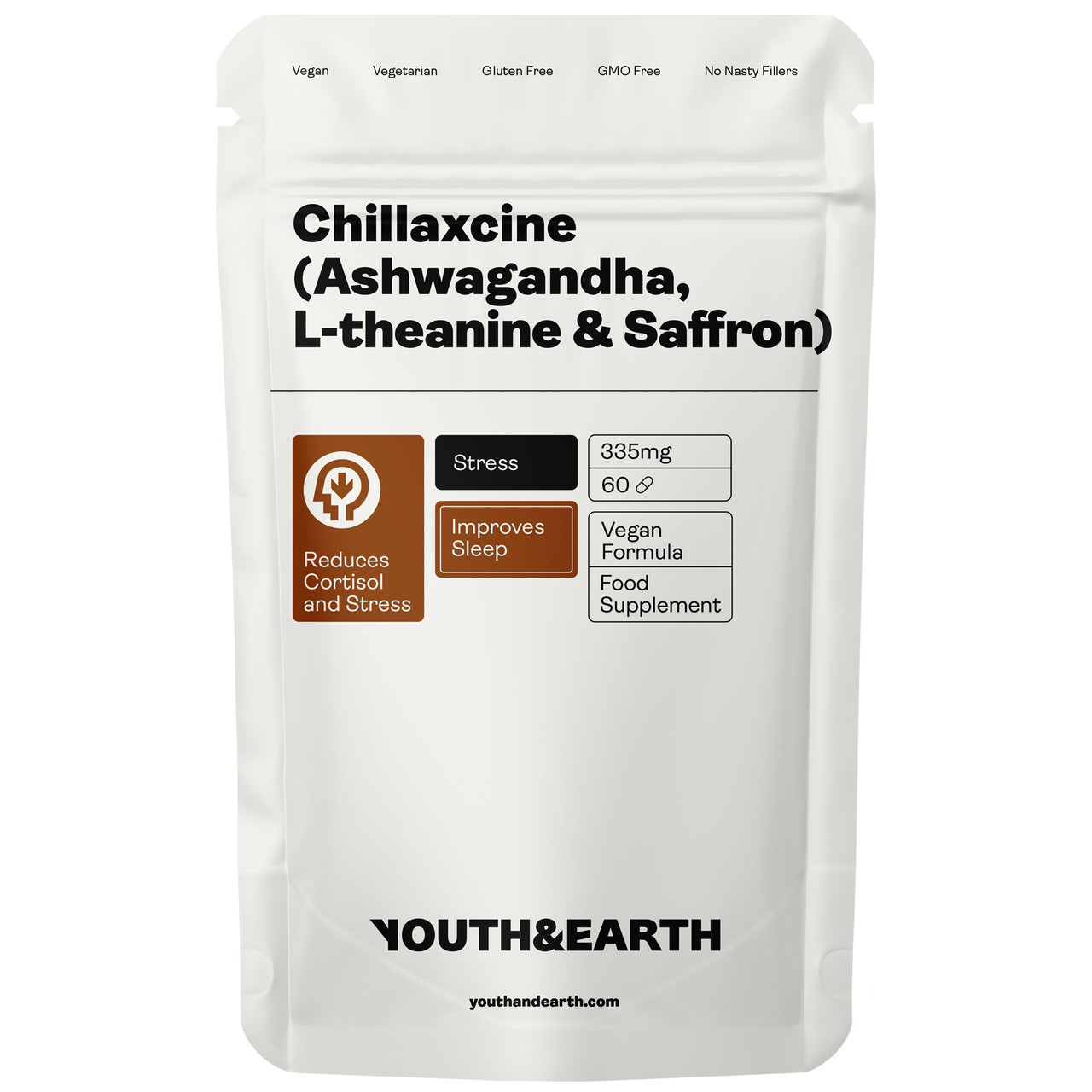 Youth & Earth CHILLAXCINE (Ashwagandha, L-theanine & Saffron) – 335mg x 60  Capsules