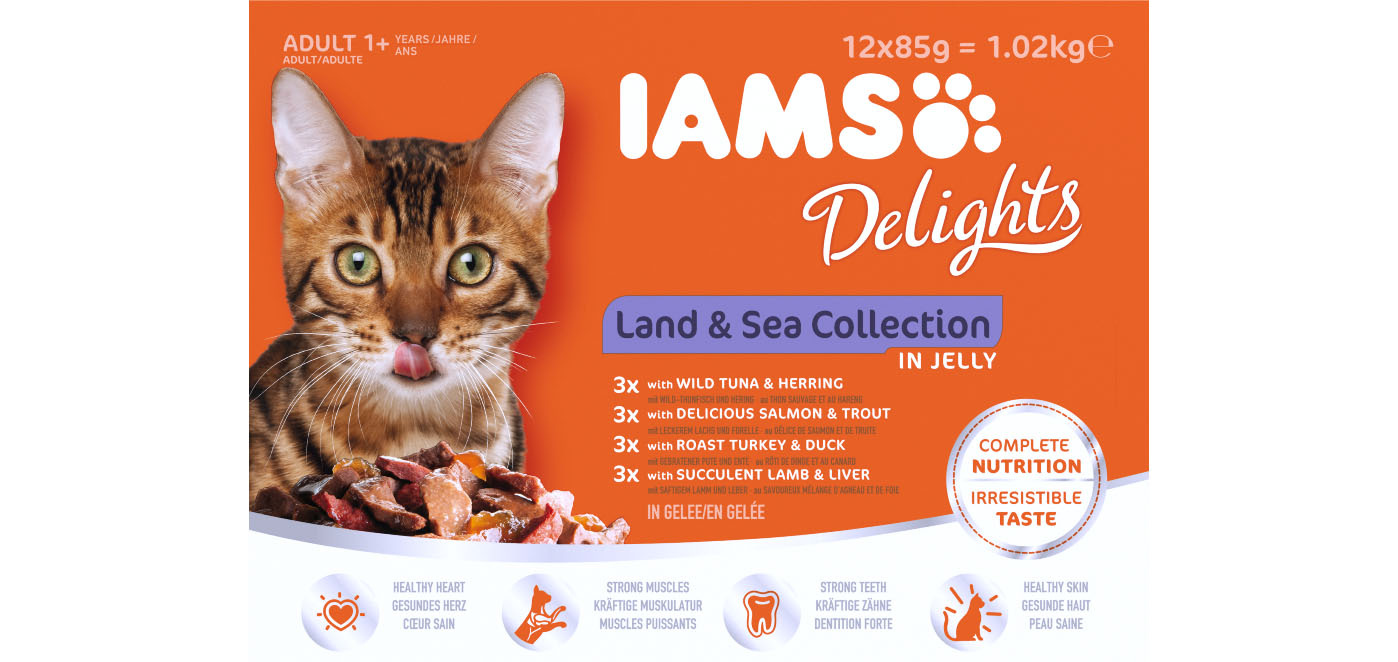 IAMS Delights Adult Cat Pouch Land & Sea Wet Food In Jelly 12 x85g x 2