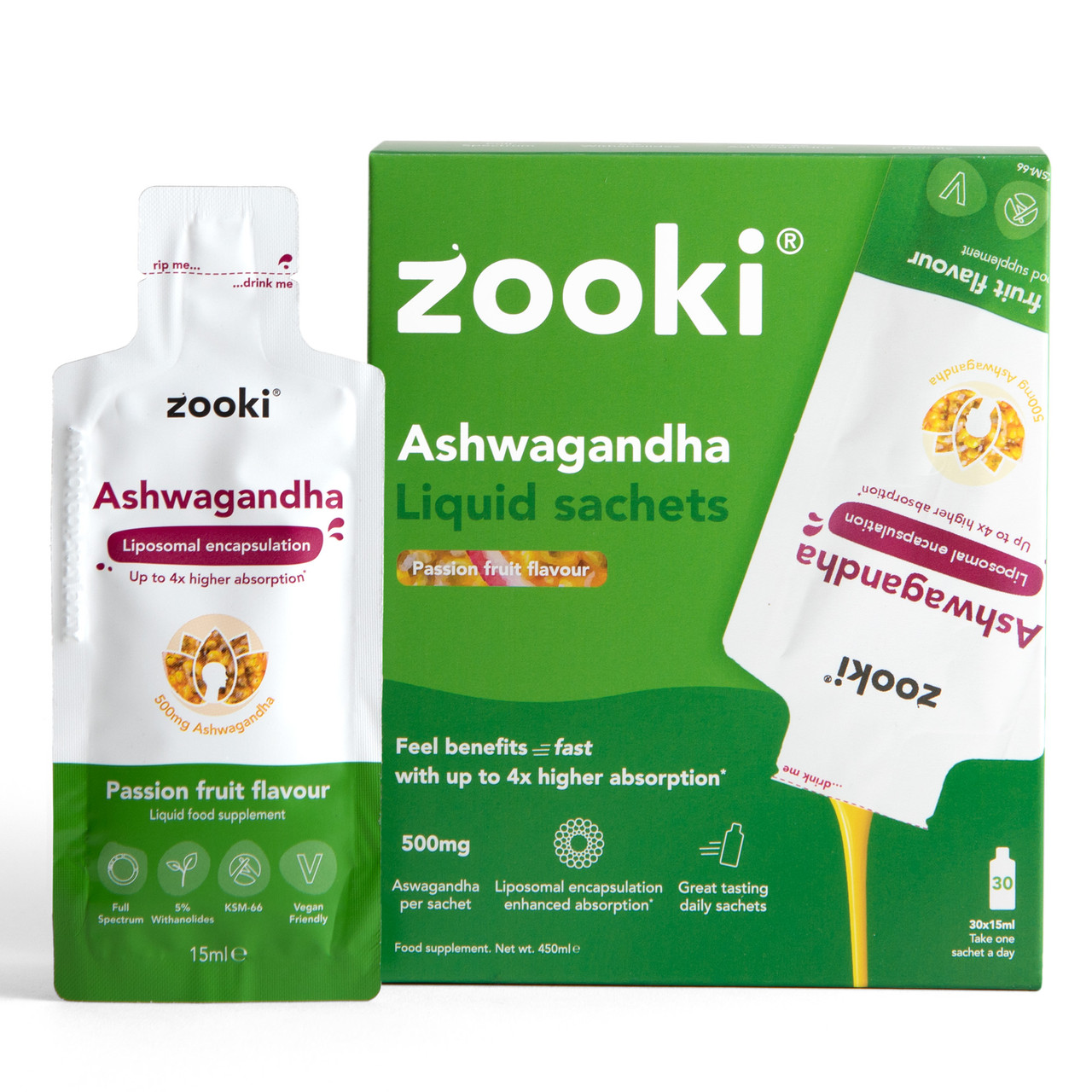 Image of Zooki Liposomal Ashwagandha 500mg Passion Fruit Flavour 15ml 30 Sachets 30 Sachets