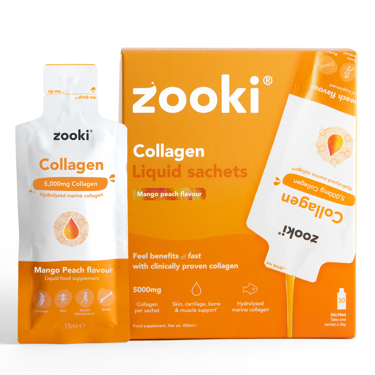 Zooki Marine Collagen 5 000mg Mango Peach Flavour 30x15ml Liquid Sachets Zooki Marine Collagen 5 000mg Mango Peach Flavour 30x15ml Liquid Sachets
