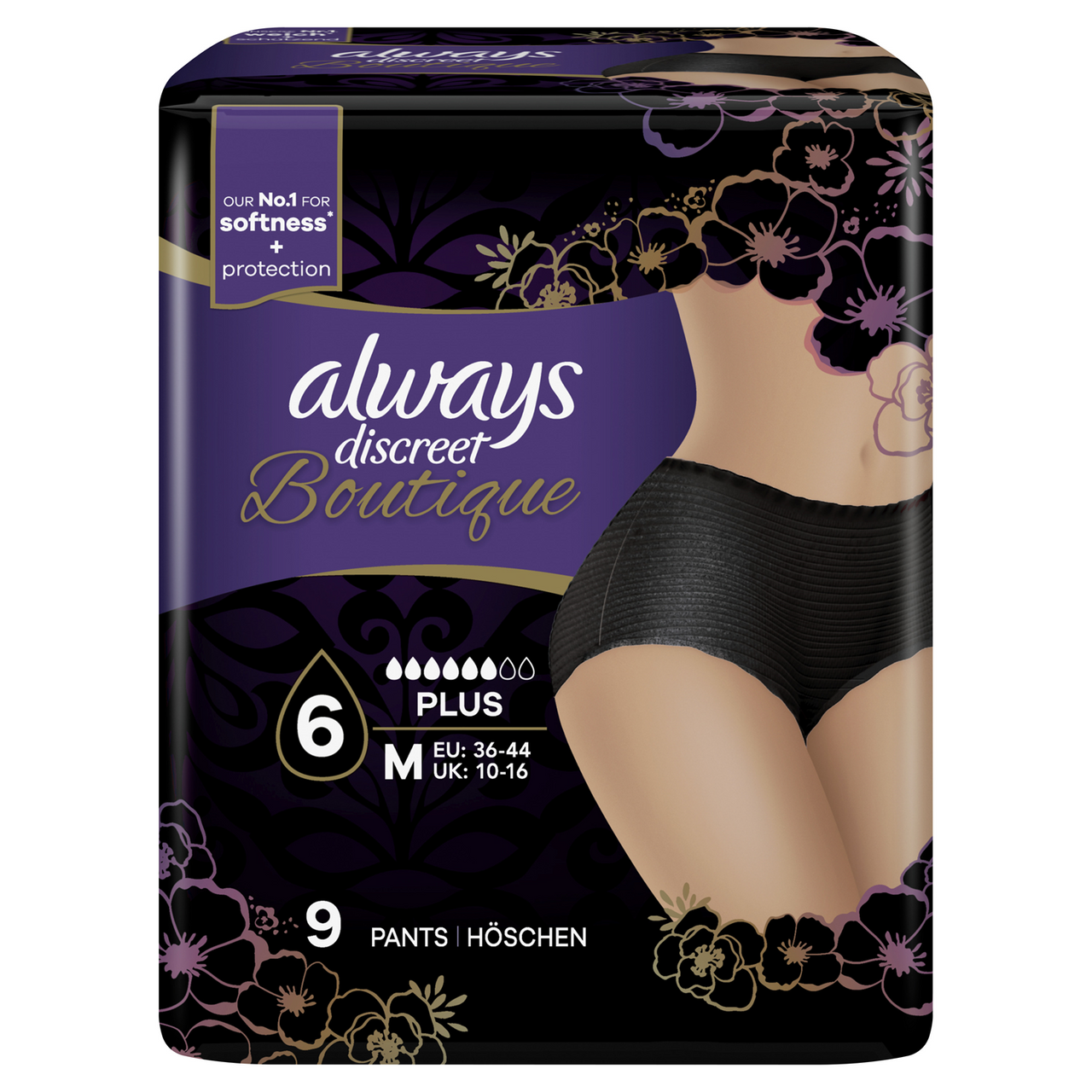Always Women's Discreet Boutique Incontinence Pants Plus 9 Pants Black Medium
