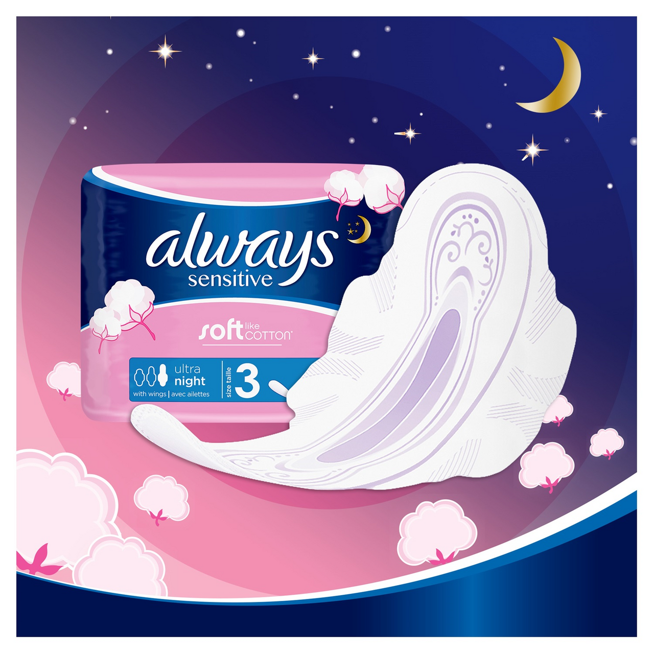 Always Sensitive Night Ultra Sanitary Towels With Wings Pads Size 3