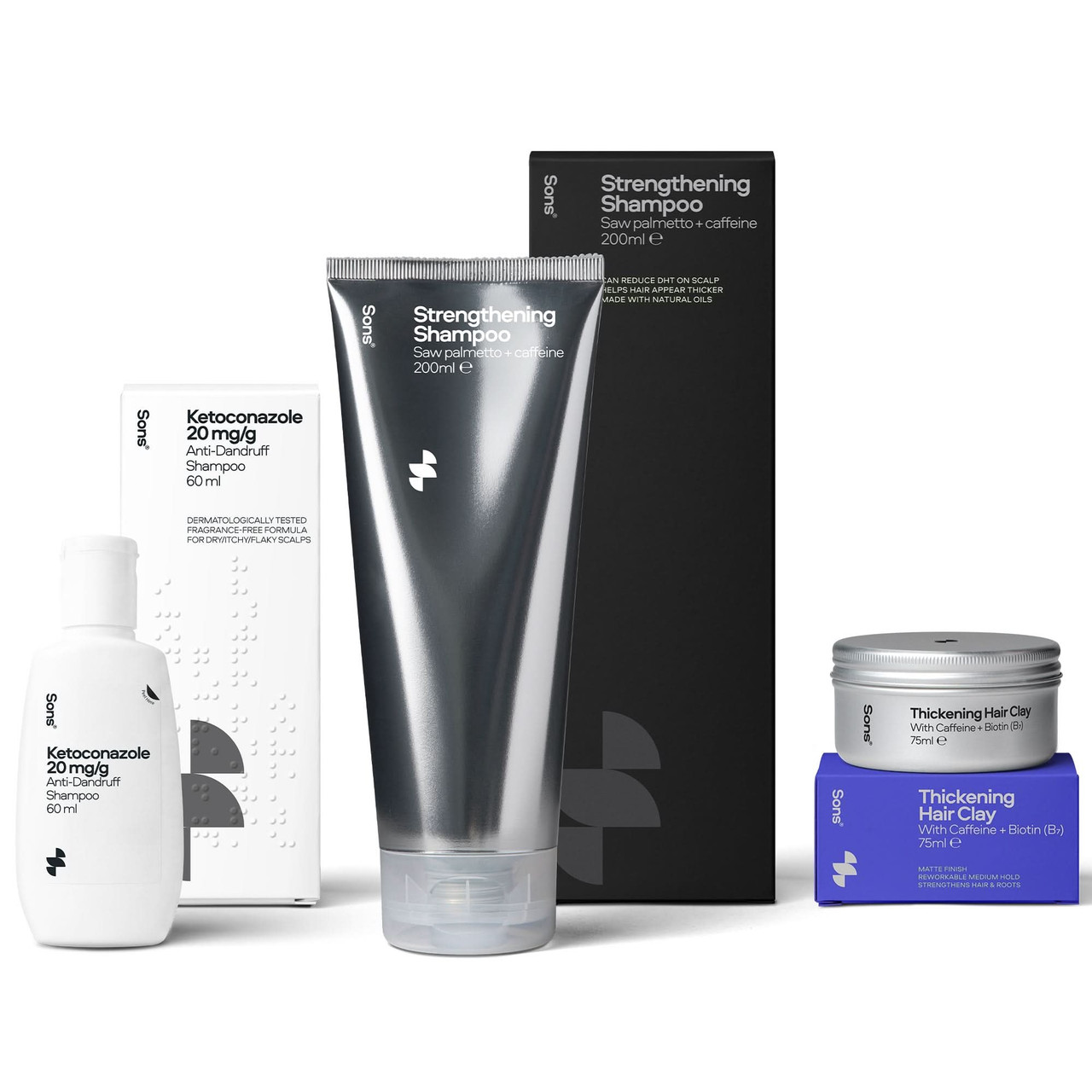 Sons Ketoconazole 60ml Shampoo 200ml & Hair Clay 75ml Bundle