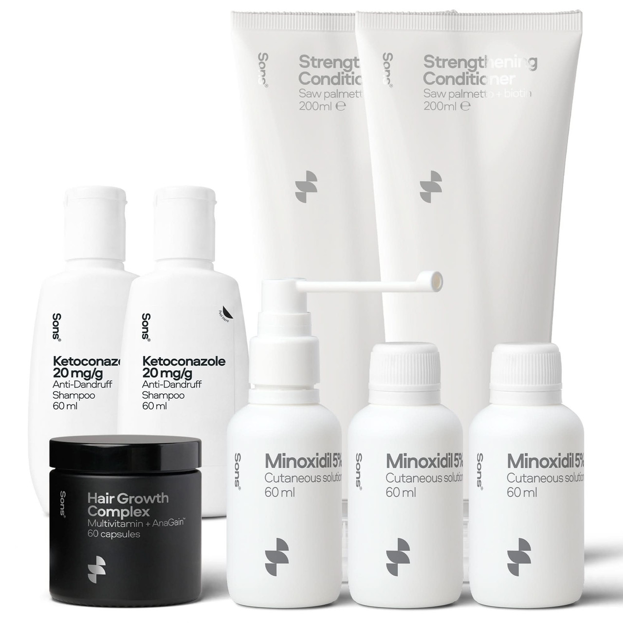 Sons Minodixil 3 Months Ketoconazole 60ml x 2 Cond 200ml x 2 & Hair Growth Caps Bundle