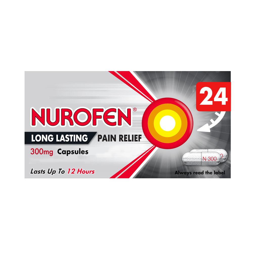 Click to view product details and reviews for Nurofen Long Lasting Pain Relief 300mg Prolonged Release 24 Capsules. Click to view product details and reviews for Nurofen Long Lasting Pain Relief 300mg Prolonged Release 24 Capsules.