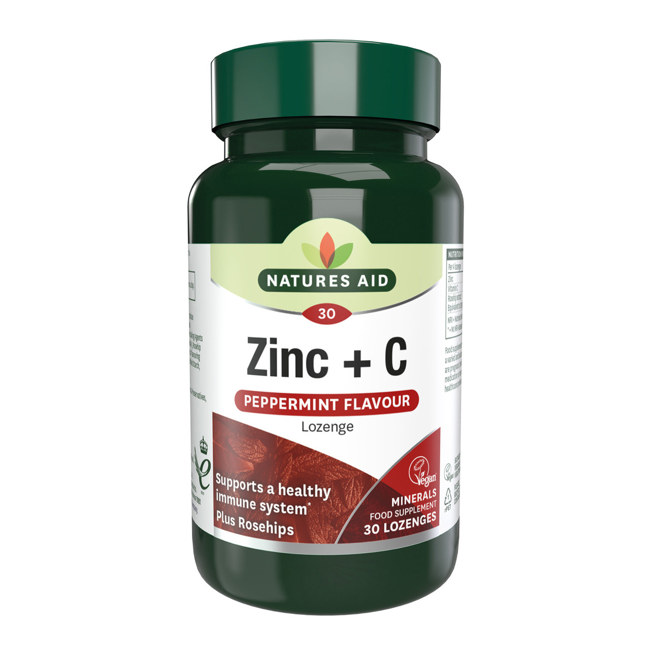 Natures Aid Dark Zinc Lozenge (Peppermint) With Rosehip + Vitamin C 30 Pack