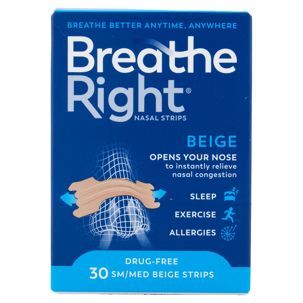 Breathe Right Congestion Relief Nasal Strips Beige Small/Medium 30 Strips