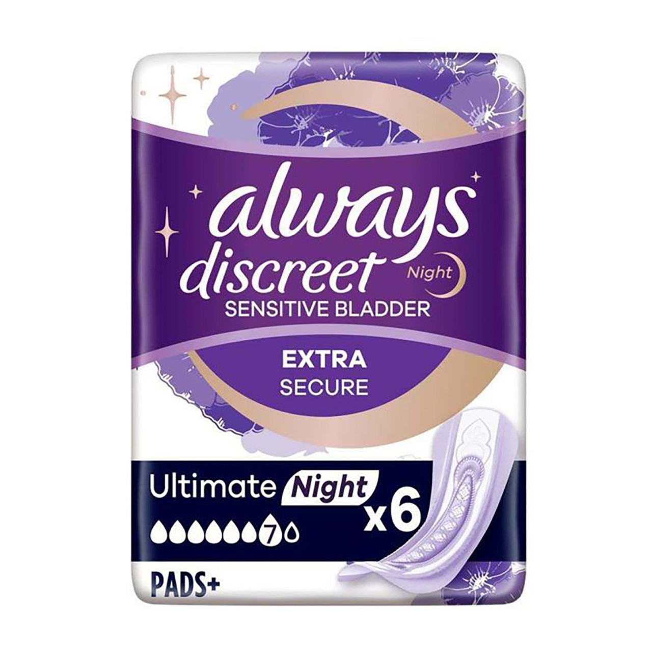 Always Women's Discreet Incontinence Pads Ultimate Night Pads Size 6