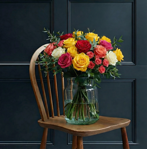 mix colorful roses, yellow, red, pink and white colors in a nice vase