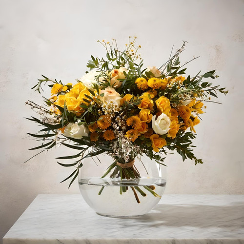 Mary gold and orange mini roses and daisy, Cheerful ,The Mary, floral bouquet featuring bright yellow roses, white flowers, and green eucalyptus in a clear glass bowl, available for same-day delivery in Houston, TX