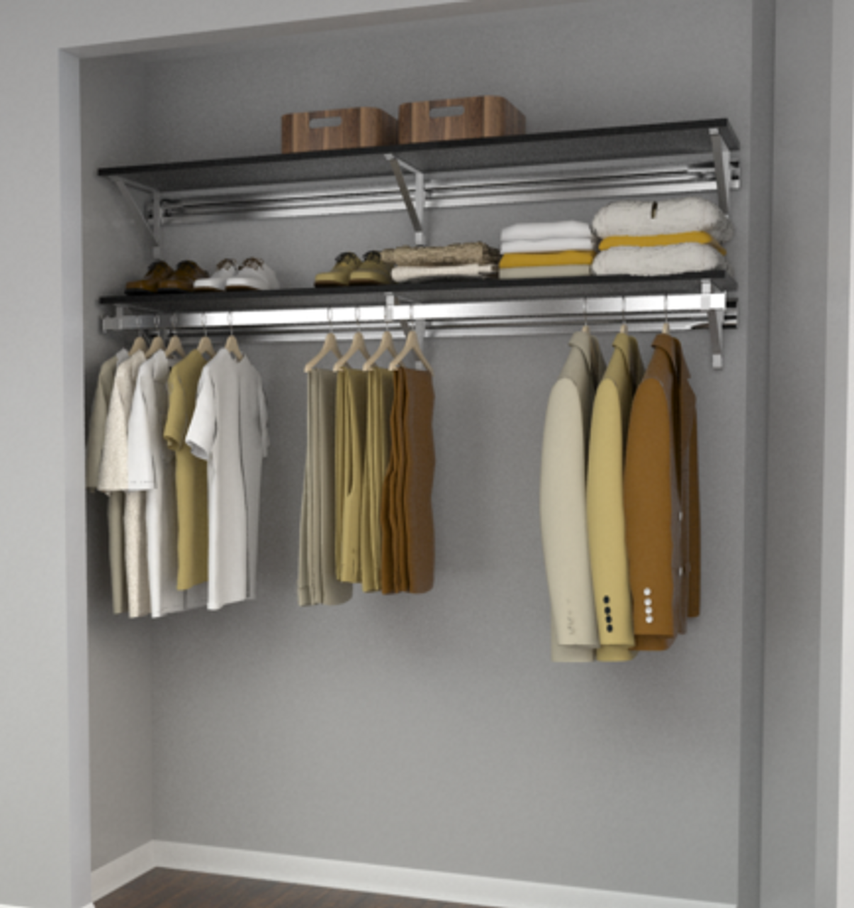 Arrange a Space RCMCY Select Closet Organizer System Top and Bottom Shelf/Hang  rod Kit with Long Hang and Three Shelf Unit