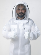 The beekeeper is wearing AirFlow Pro Beekeeping with a Fencing Veil.