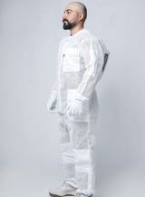 A side profile of A 3-Layer HiveSafe Triple Protection Suit incorporating a zippered front closure, detachable Fencing Vail, ample pockets, and elastic cuffs for comfort.