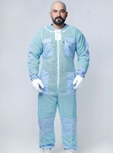 A Sky Blue beekeeping suit, incorporating a zippered front closure, a detachable Fencing Vail, Ample pockets, and double-stitched construction for durability.