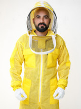 Yellow Bee Breathable Ventilated Beekeeping Suit Open Face Zipper, featuring protective mesh hood, full zip-front closure, reinforced chest and knee panels, and breathable mesh fabric for safe and comfortable beekeeping.