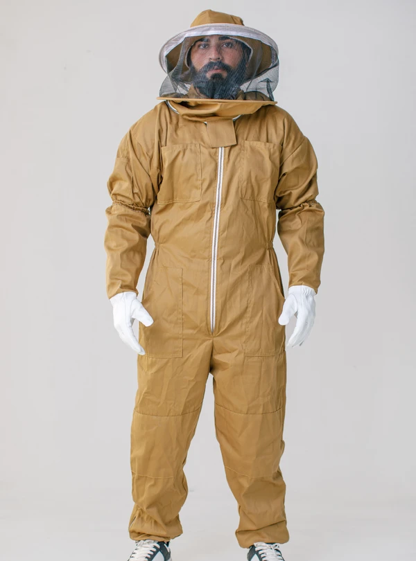 Brown Cotton Apiarist Outfit incorporates a Ventilated Fencing veil, zippered front closure and double-stitched construction for durability