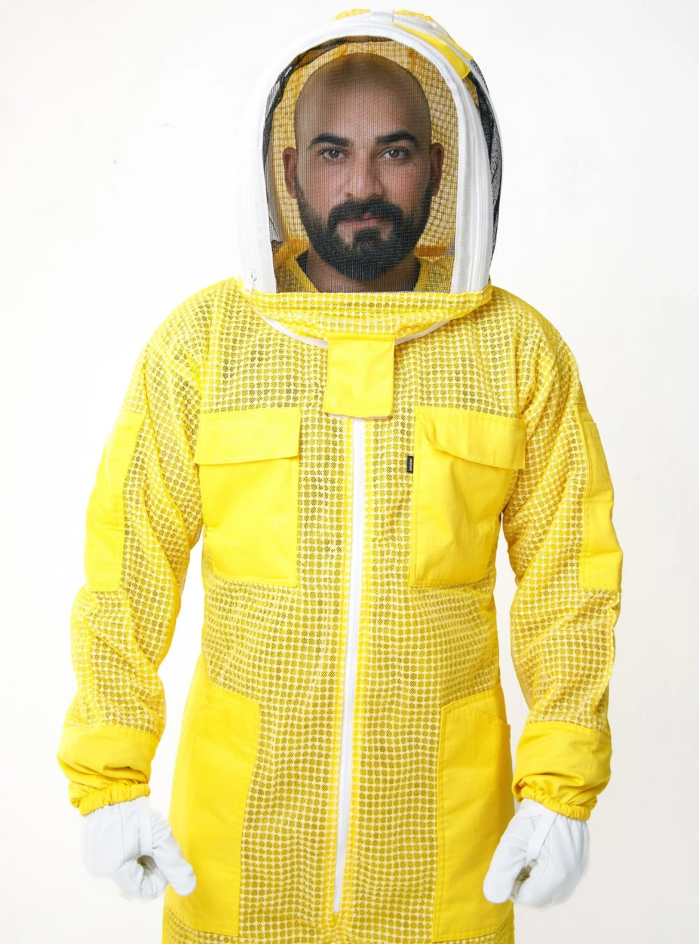 Yellow bee breathable suit for beekeepers, featuring full protective mesh hood, zip-front closure, multiple pockets, and comfortable gloves, designed for maximum airflow and safety during beekeeping tasks.