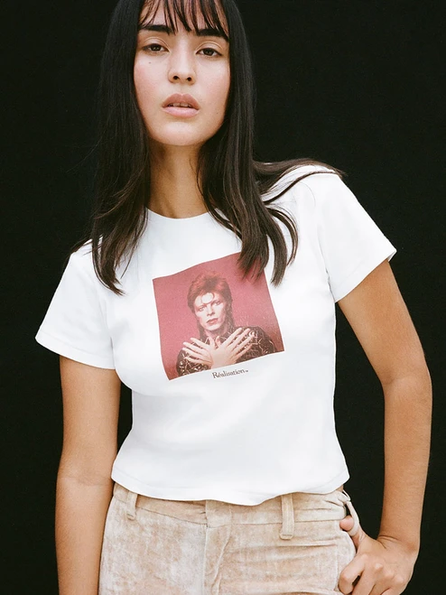 Watch That Man Baby Tee - White, model shot