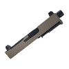 Assembled windowed FDE PVD slide for Glock 43/43X — threaded barrel with thread protector, tall sights, right side
