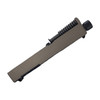 Assembled windowed FDE PVD slide for Glock 43/43X — threaded barrel with thread protector, standard sights, left side