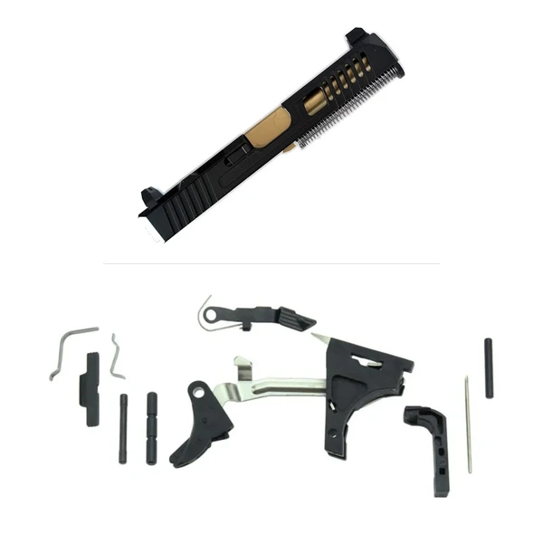 Assembled Mercury Precision Speed RMR Slide for Glock 19 Gen 3 — Tin Gold Barrel, Tall Sights with Frame Parts Kit