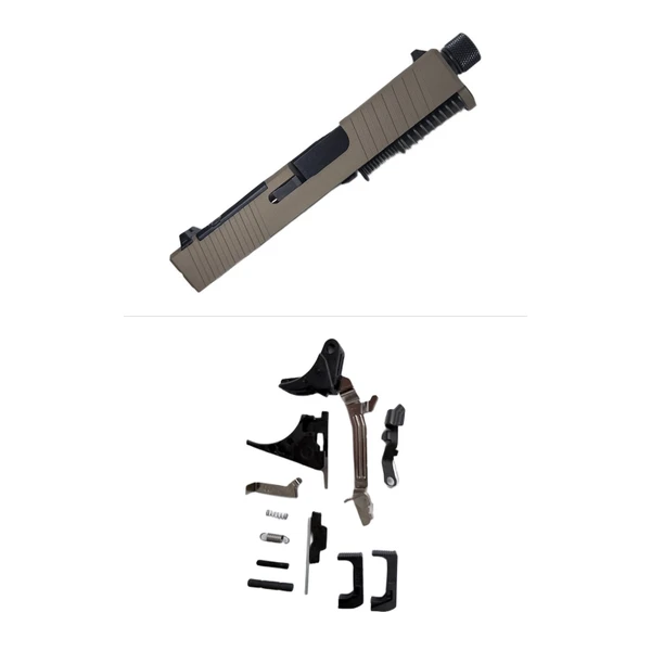 Assembled windowed FDE PVD slide for Glock 43/43X (threaded barrel with thread protector, standard sights) with the included Glock 43/43X frame parts kit
