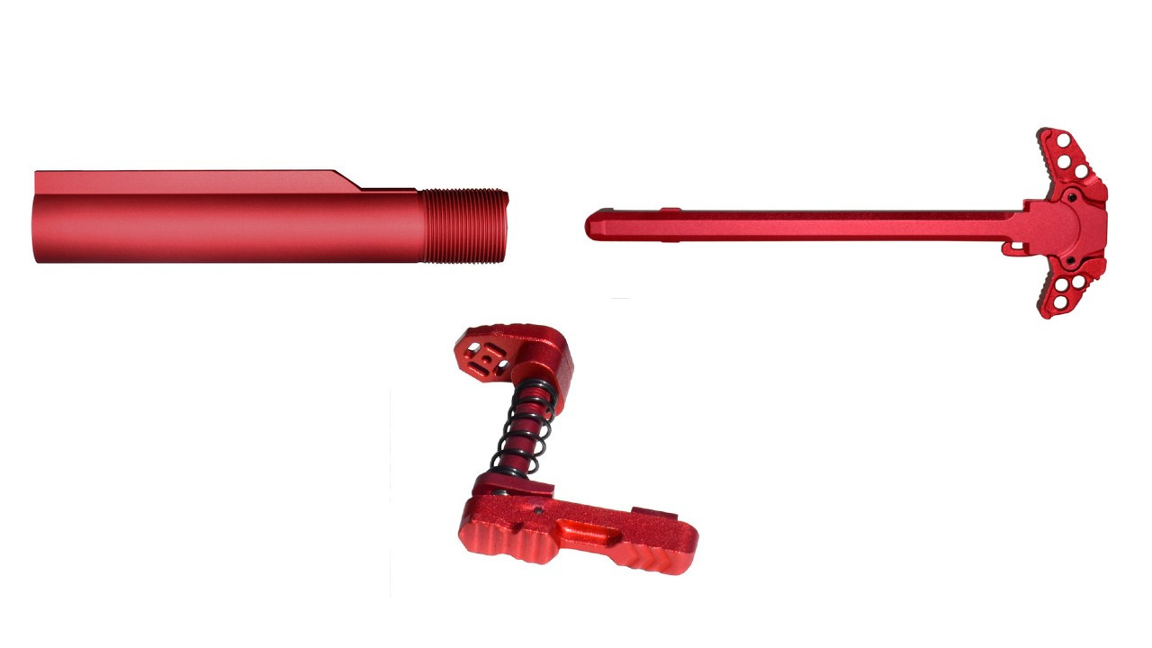 AR-15 Red Accent Kit - Mag Catch - Buffer Tube - Charging Handle