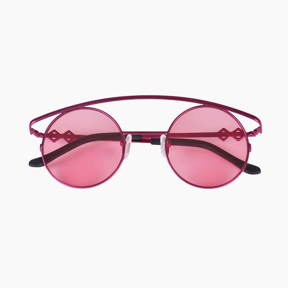 Front view | Round sunglasses with pink lenses and pink frames | Metal | Retro's XL | Women's, men's, and unisex sunglasses | Karen Wazen Eyewear