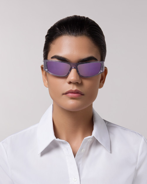Front view  of model wearing sunglasses | Rectangular sunglasses with Mirror purple lenses and purple frames | Acetate | Sir | Women's sunglasses | Karen Wazen Eyewear