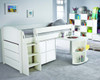 stompa white midsleeper with desk, storage cube and chest of drawers