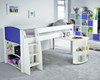 midsleeper with blue headboard, pull out desk and storage cube