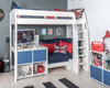 high sleeper with navy blue sofa bed, desk and storage cube with blue doors