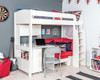 white loft bed with red sofa bed, desk and white storage units