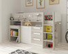 grey and white cabin bed with desk pushed in