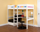 white high sleeper with black chair bed and desk