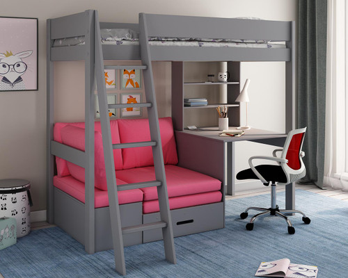 Estella Grey High Sleeper with Desk and Corner Sofabed in pink