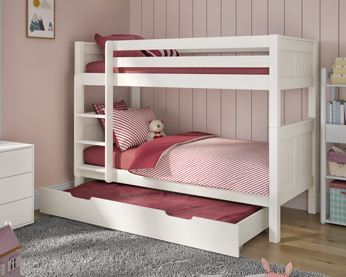 Whote wooden bunkbed with trundle bed