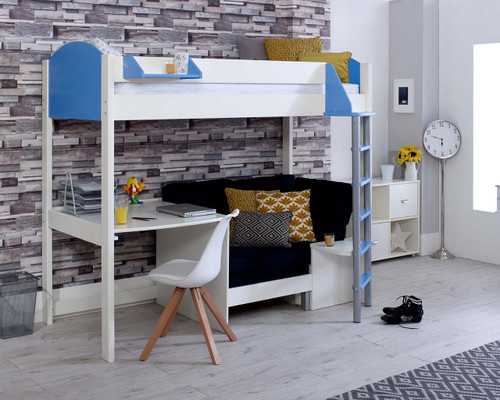 Noah Blue High Sleeper with Desk and Chair Bed with black sofa