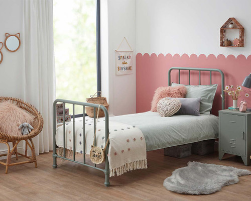 Soho Olive Green Metal Bed styled with pink