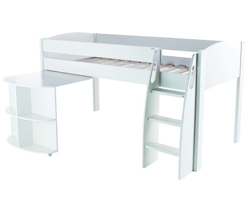 white cabin bed and desk