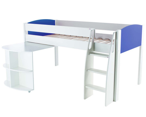 cabin bed with blue headboard and desk