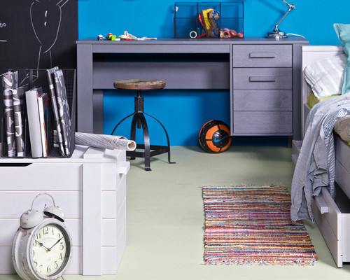 grey toy box in a bedroom