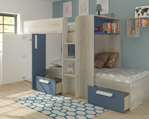 Blue Barca bunk bed with storage drawers and wardrobe open