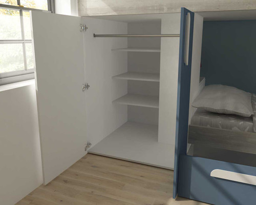 bunk bed wardrobe with blue door open to show hanging rail